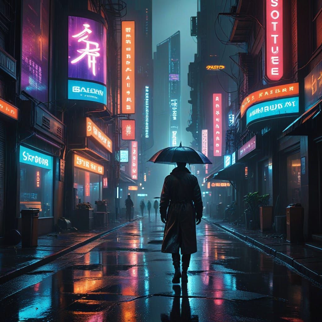 Cyberpunk Cityscape with Neon Reflections in Rainy Street
