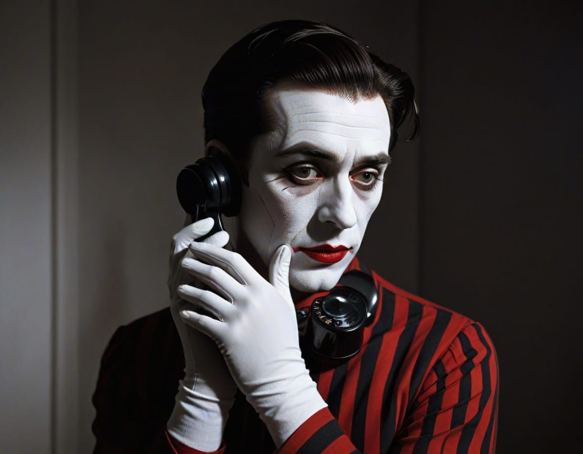 Surrealist Mime Contemplates Vintage Telephone