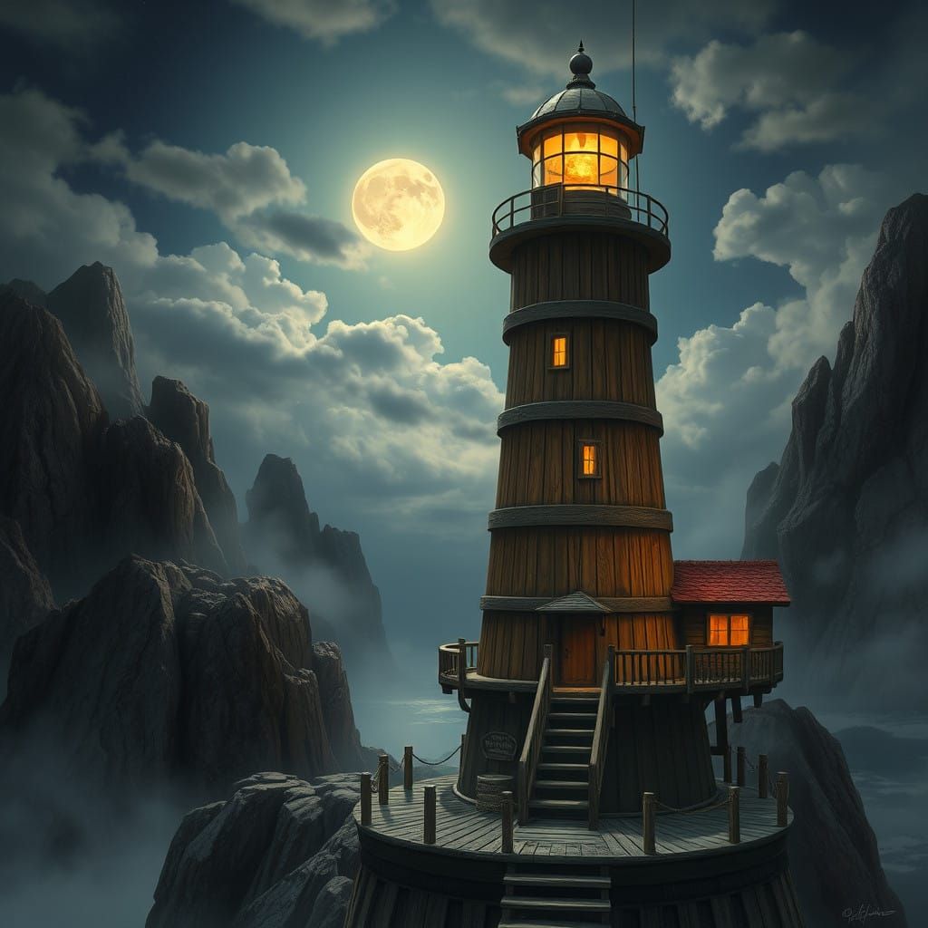 Whimsical Barrel Lighthouse Radiates Moonlit Wonder