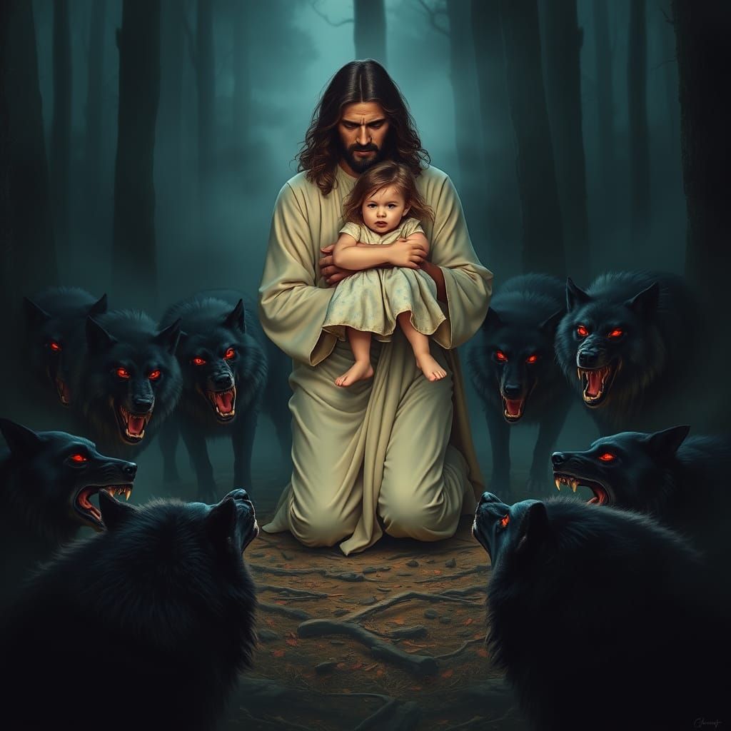 Jesus Comforting Girl in Dark Forest