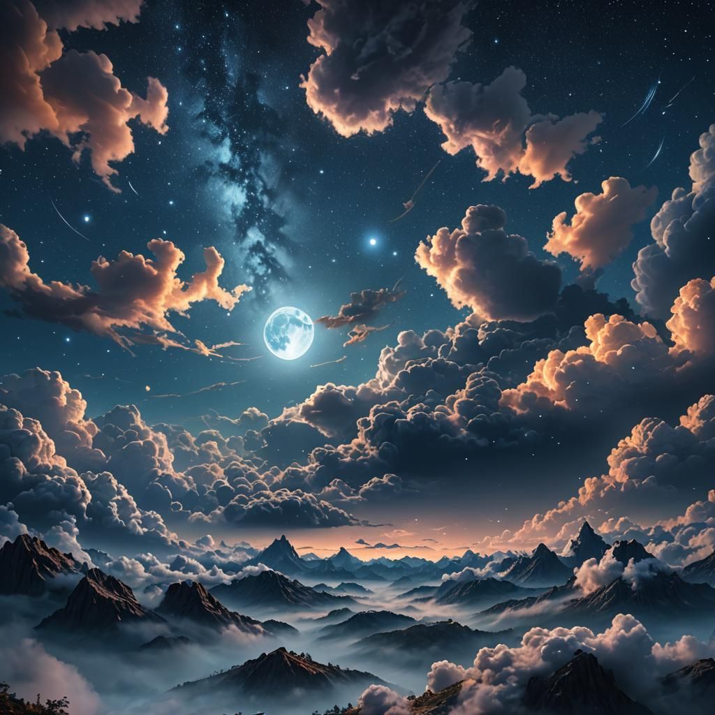 Blue Moonlit Starry Night Sky: Matte Painting