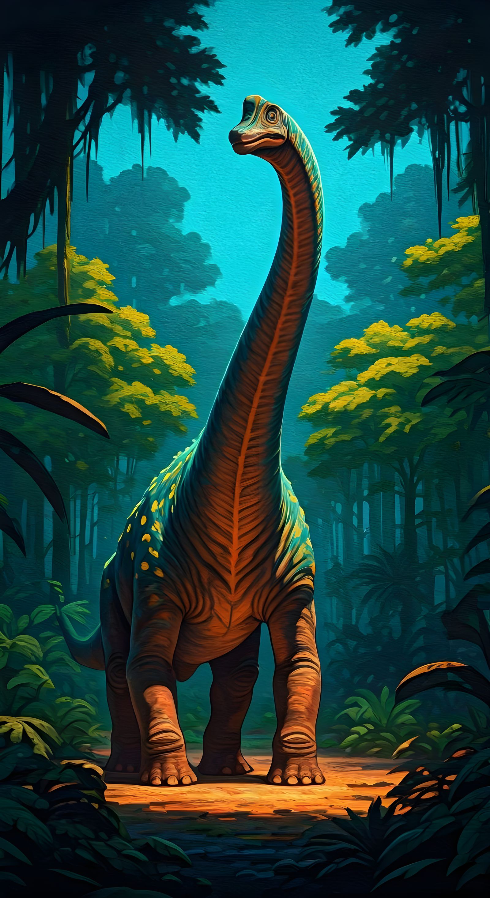Bioluminescent Brachiosaurus in Neo-Impressionist Oil Painti...