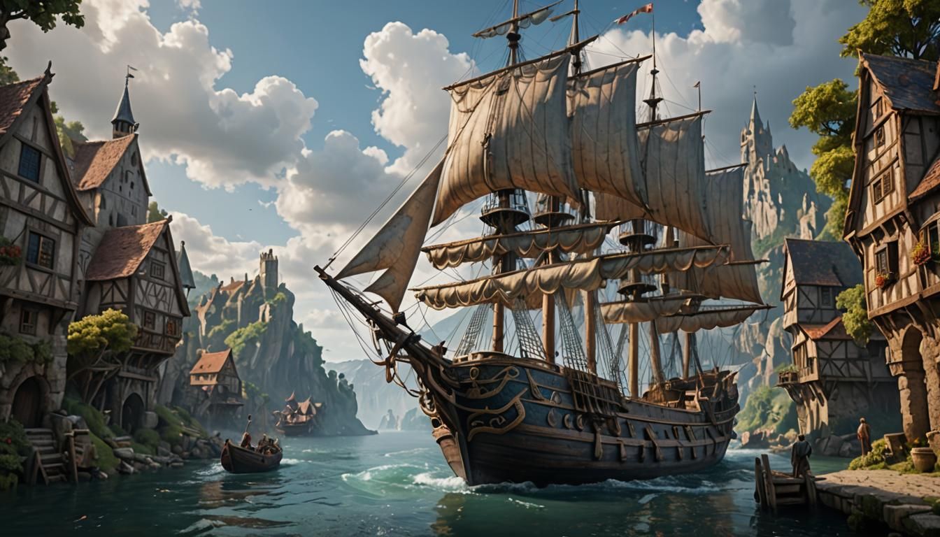 Medieval Village Three-Masted Ship Fantasy Art