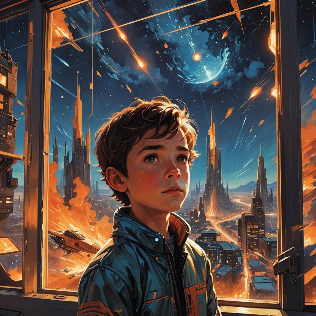 Boy Gazing at Spaceships in Futuristic Night Sky