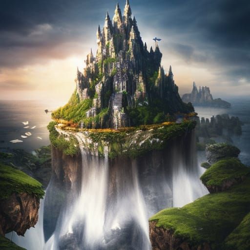 Floating Island Castle with Waterfalls in 8K