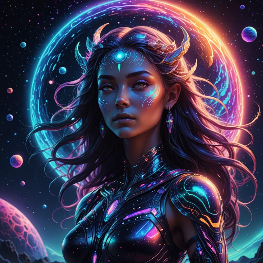 Ethereal Goddess of the Cosmos in Vibrant Sci-Fi Style