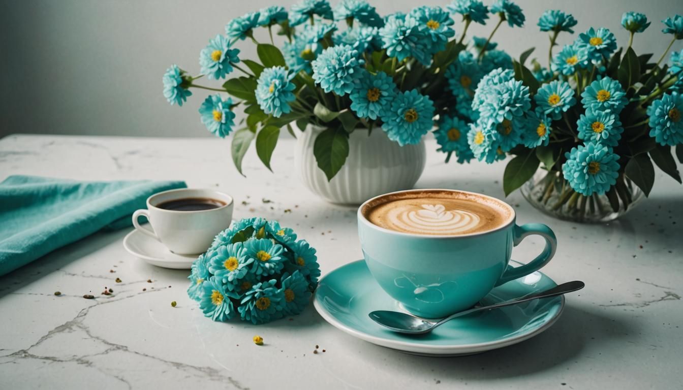 Coffee and Cake with Turquoise Flowers