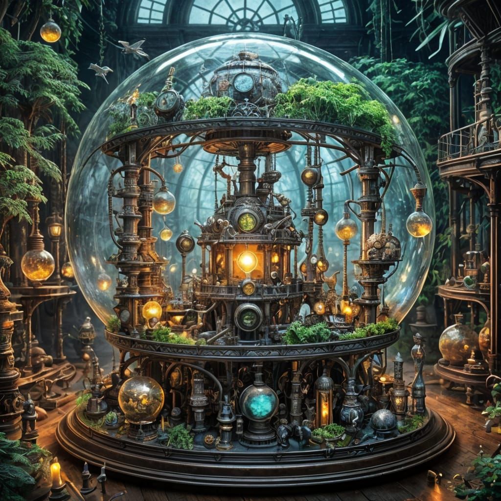 Rainforest in Steampunk Laboratory Glass Dome
