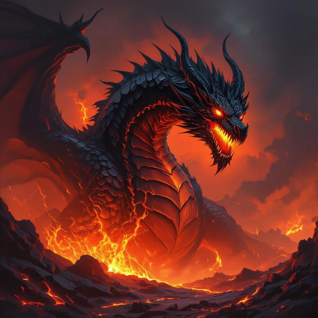 Obsidian Dragon Erupts From Molten Lava Sea