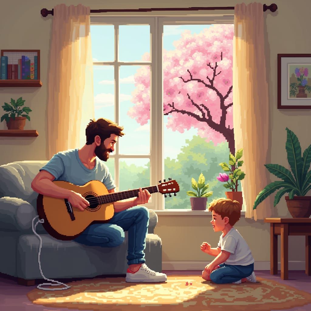 Dad Plays Guitar in Sunlit Living Room with Blooming Magnoli...