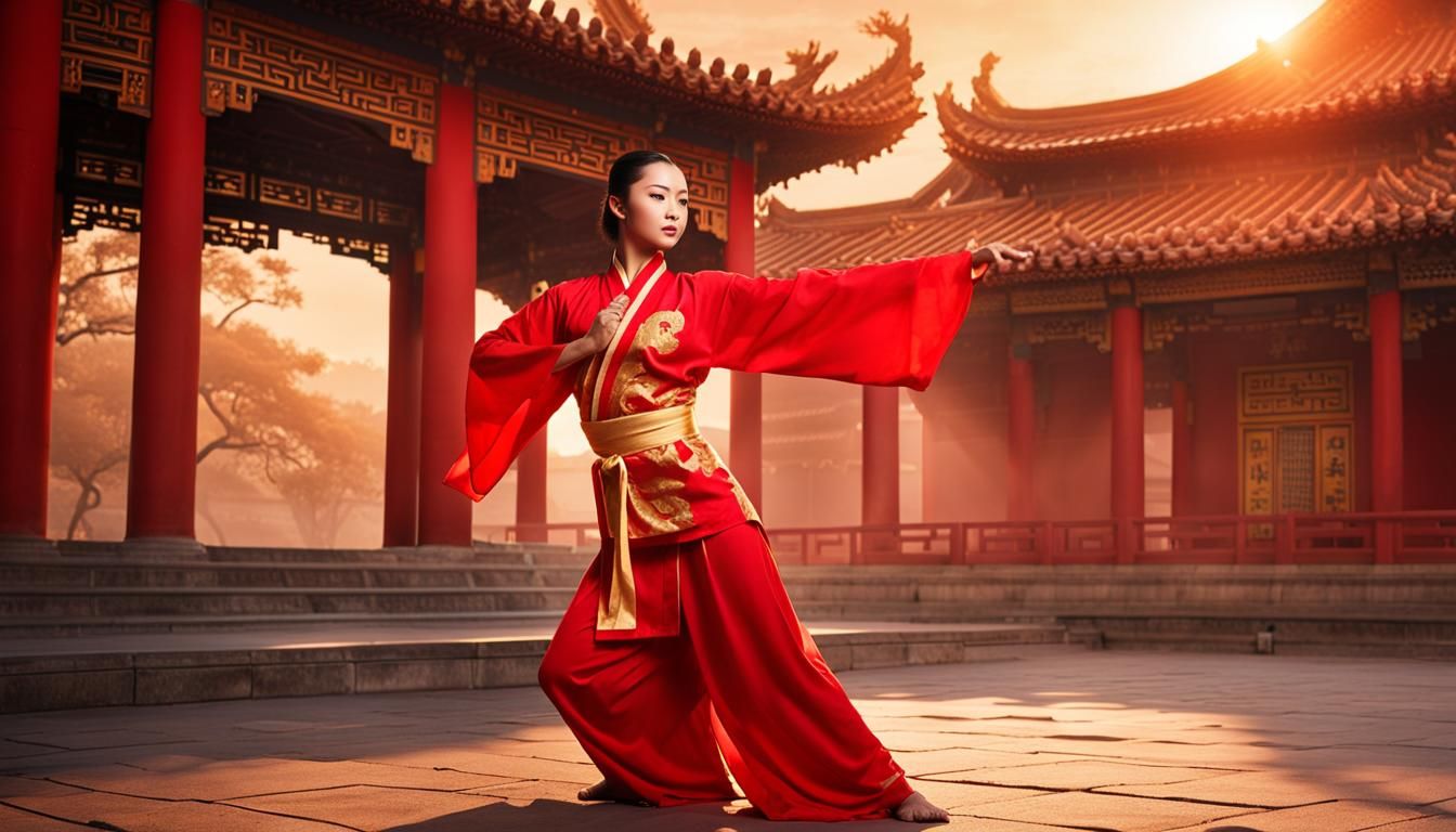 Dynamic Wushu Warrior in Ancient Temple: Splash Art