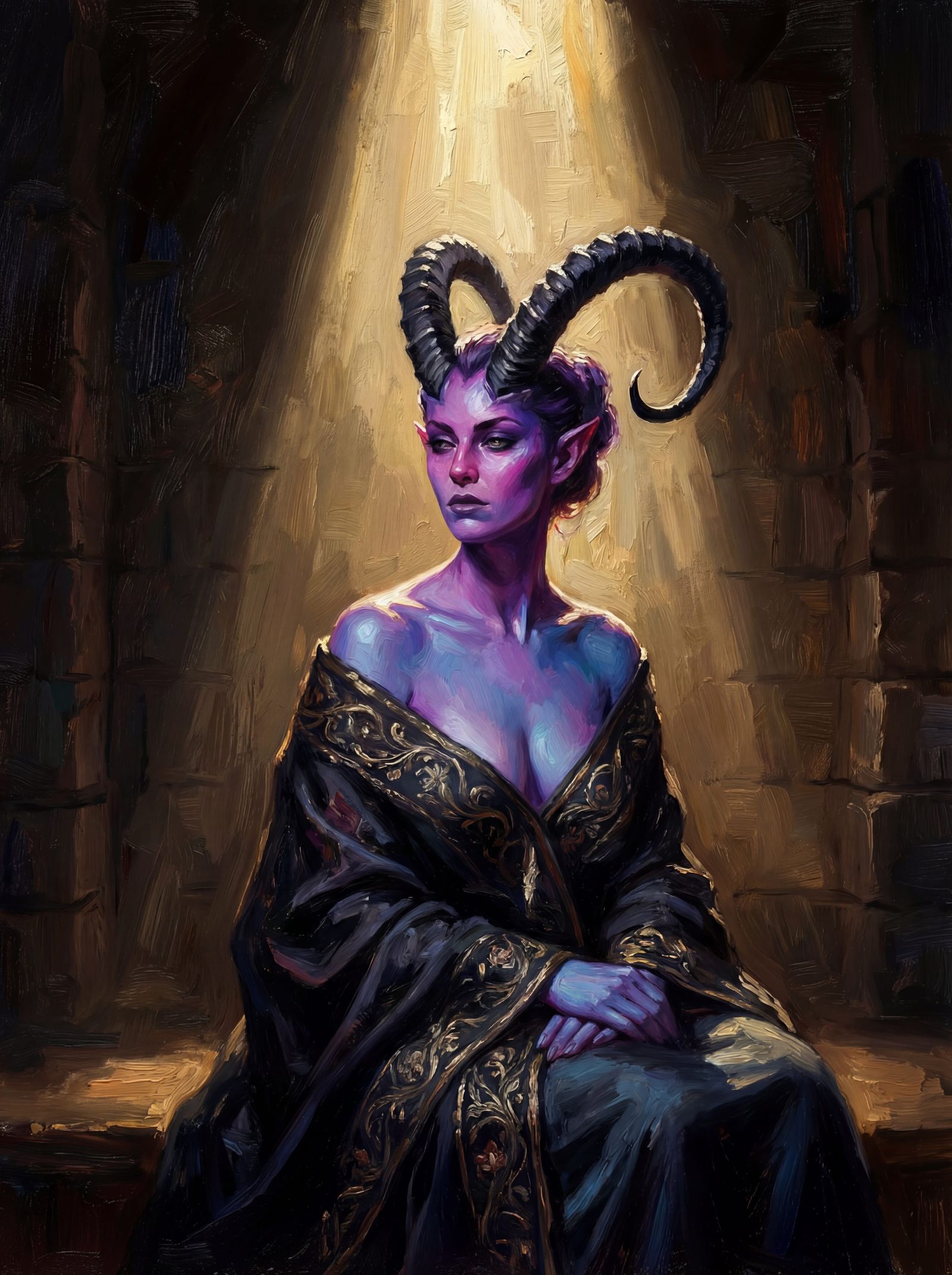 Tiefling Woman Oil Painting with Ornate Horns
