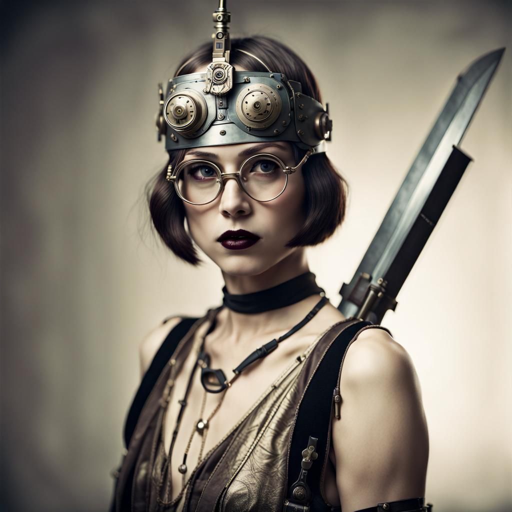 Cyborg Flapper Swordswoman Portrait in 1920s Style