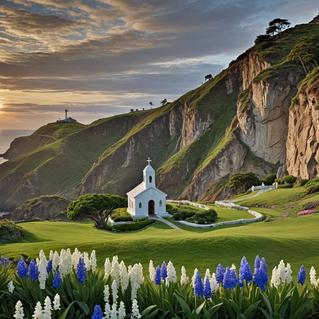 Jesus at Chapel Overlooking Pacific Ocean Sunset