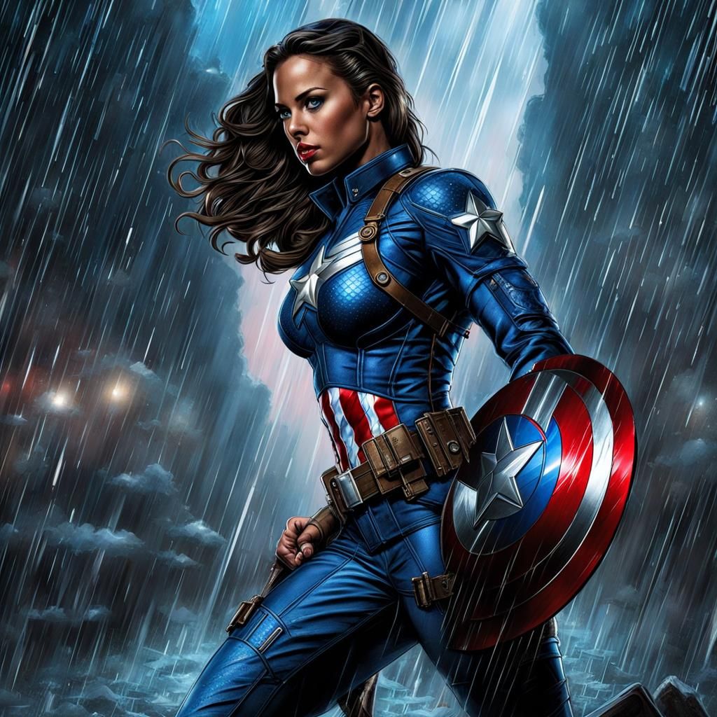 Female Captain America in Rain, UHD Armor