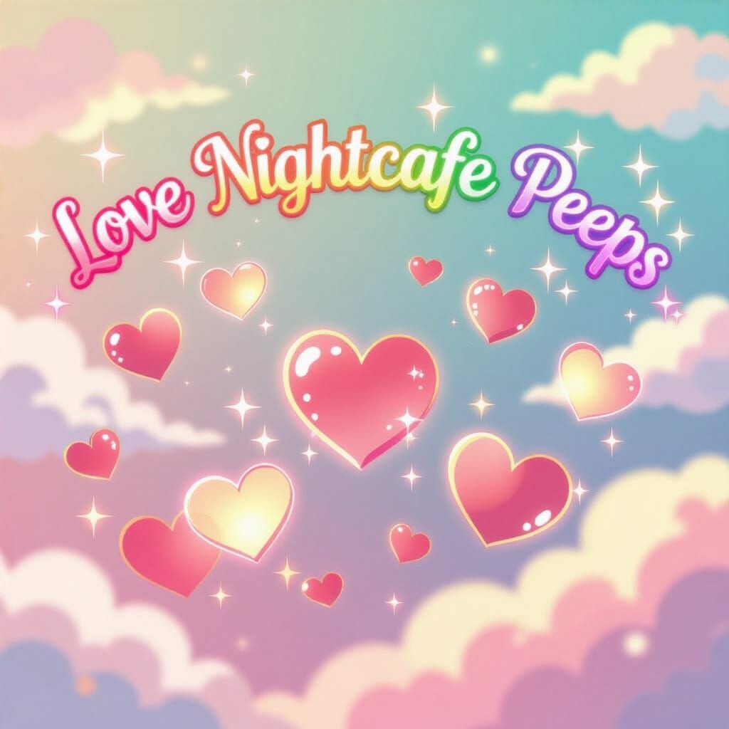 Anime Style Illustration of Floating Hearts with Calligraphy