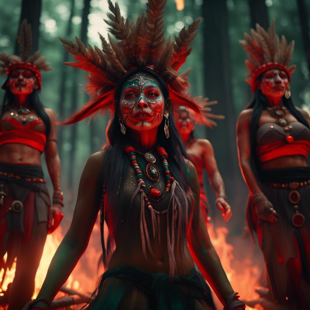 Navajo Witches Dancing Around Bonfire in Forest