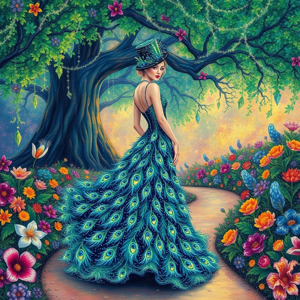 Peacock Feather Dress in a Fantastical Landscape