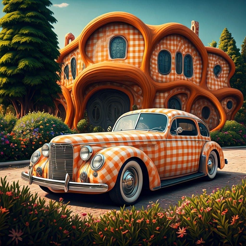 Surreal Gingham Print Car and House in Art Nouveau Style