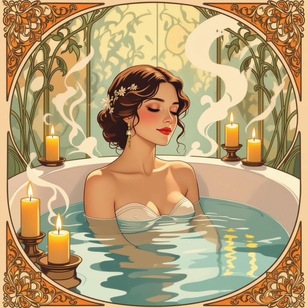 Serene Woman in Bath, Art Nouveau Style