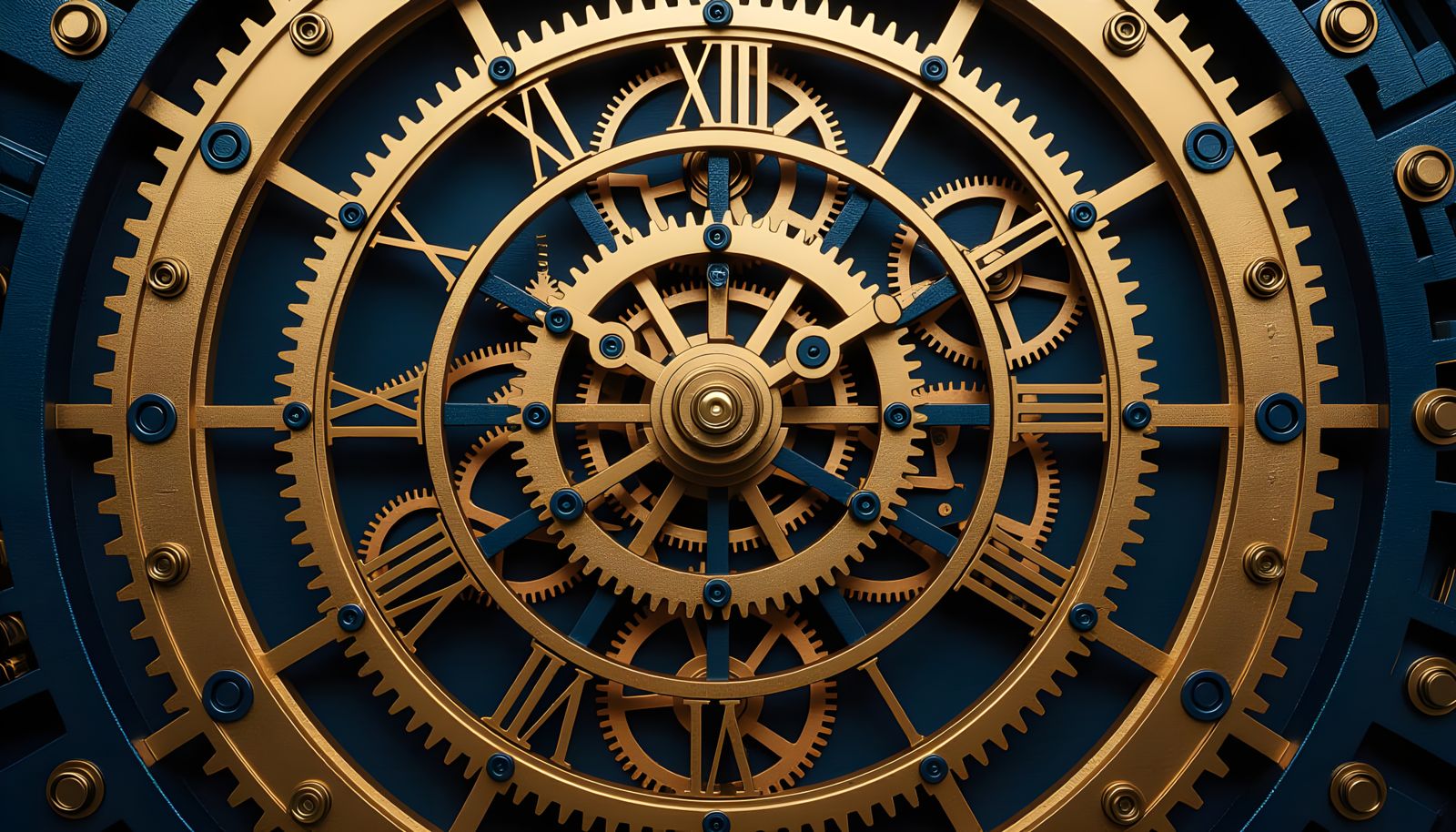 Intricate Clock Mechanism with Blue and Copper Gears