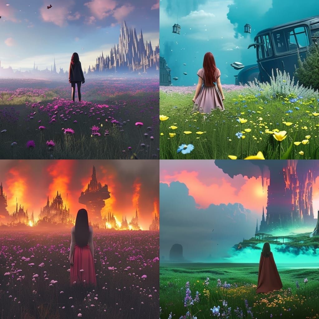 Depressed Girl in Flower Meadow with Burning Sky