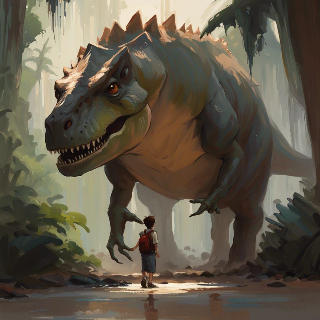 Majestic Dinosaur Oil Painting in Ghibli Style