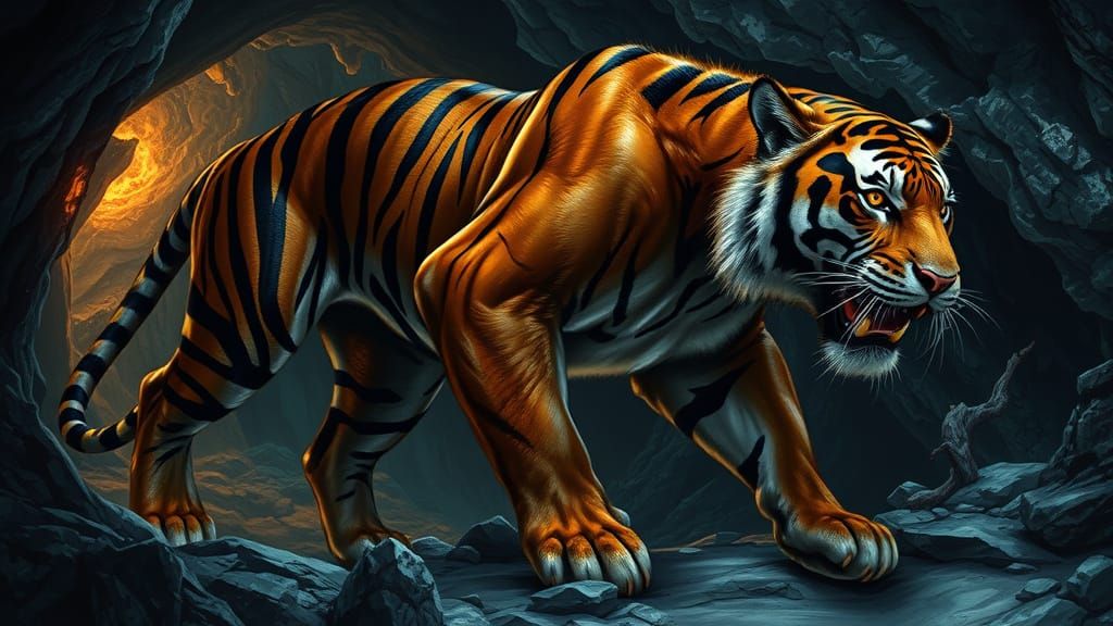 Obsidian Bengal Tiger in Flickering Torchlight