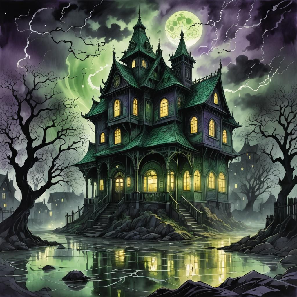 Cursed House in Dark Fantasy Anime Style