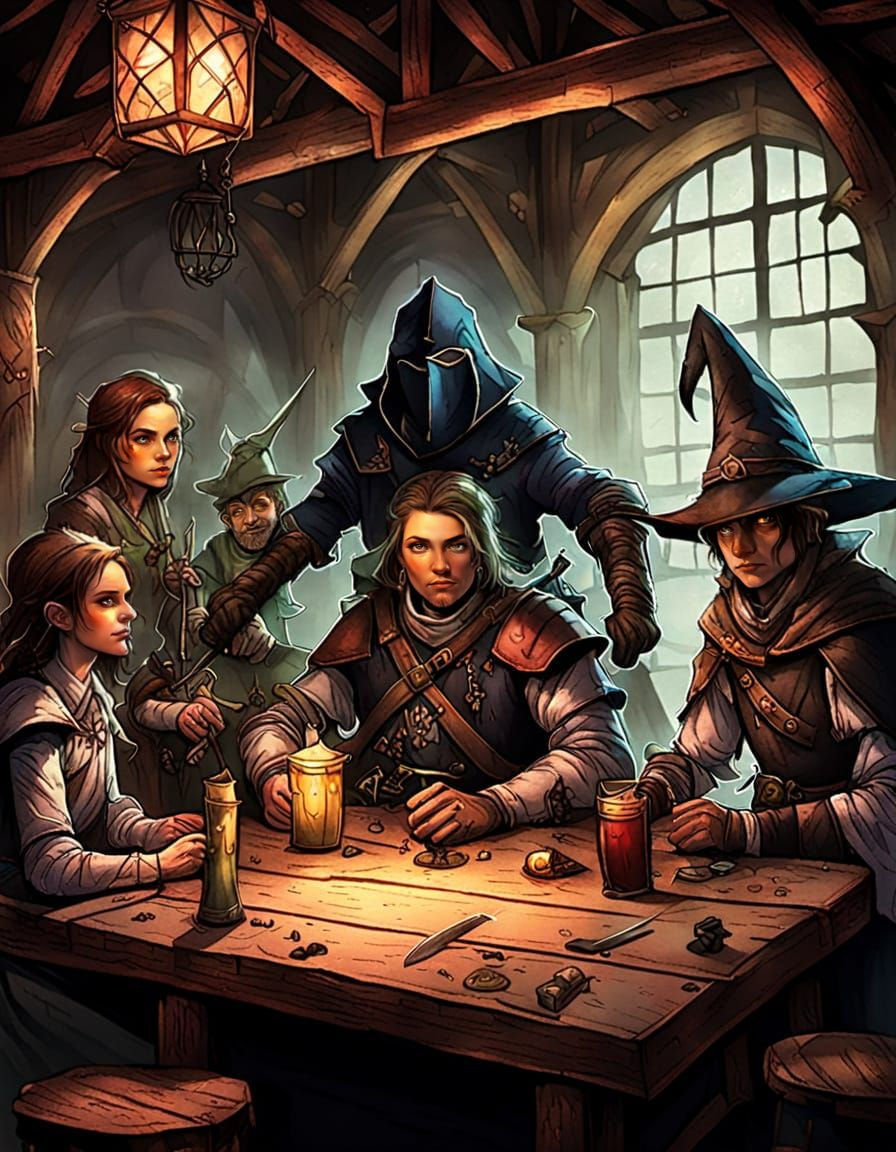 Fantasy Adventurers Gather in Medieval Tavern