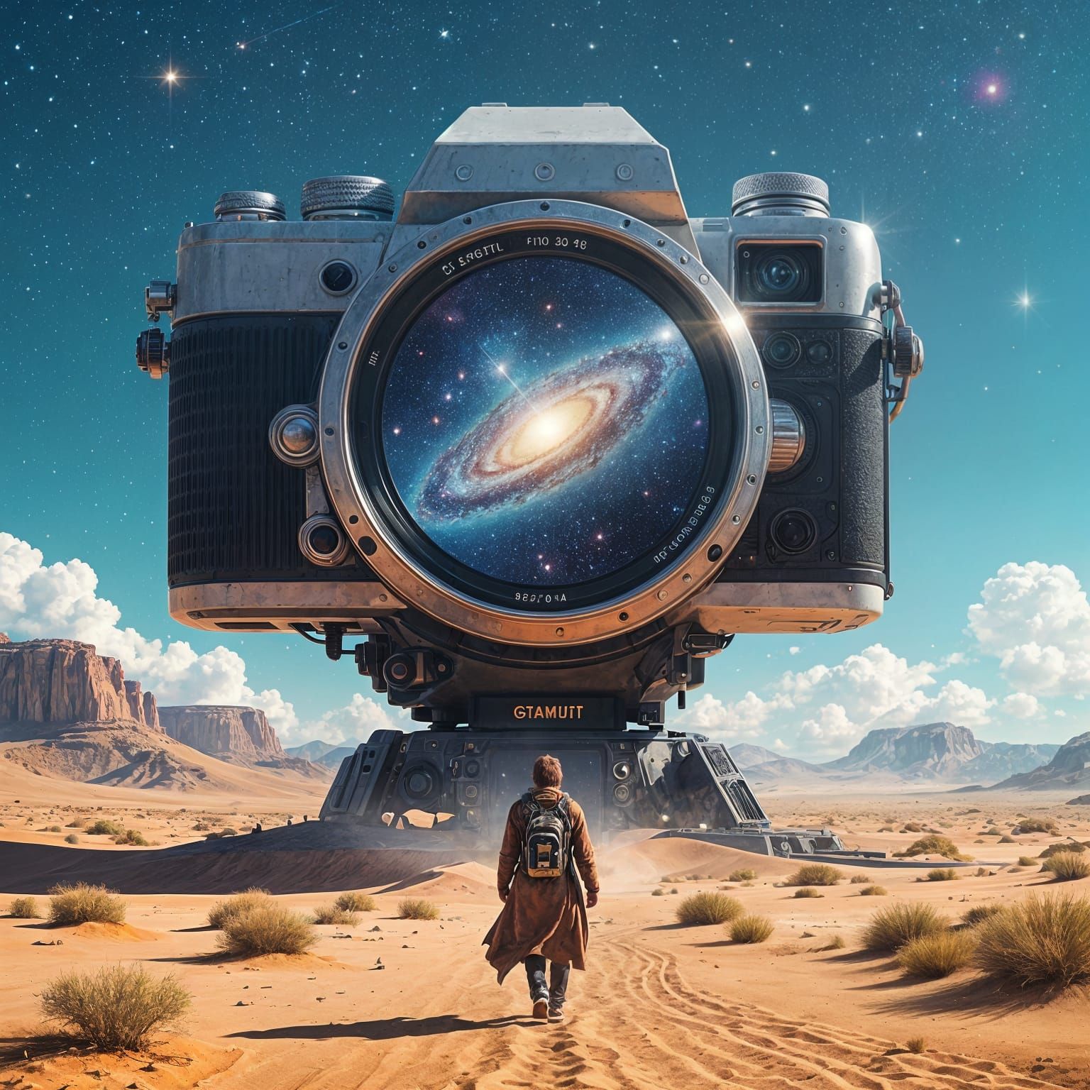 Surreal Desert Camera Reflects Galaxy in Digital Art
