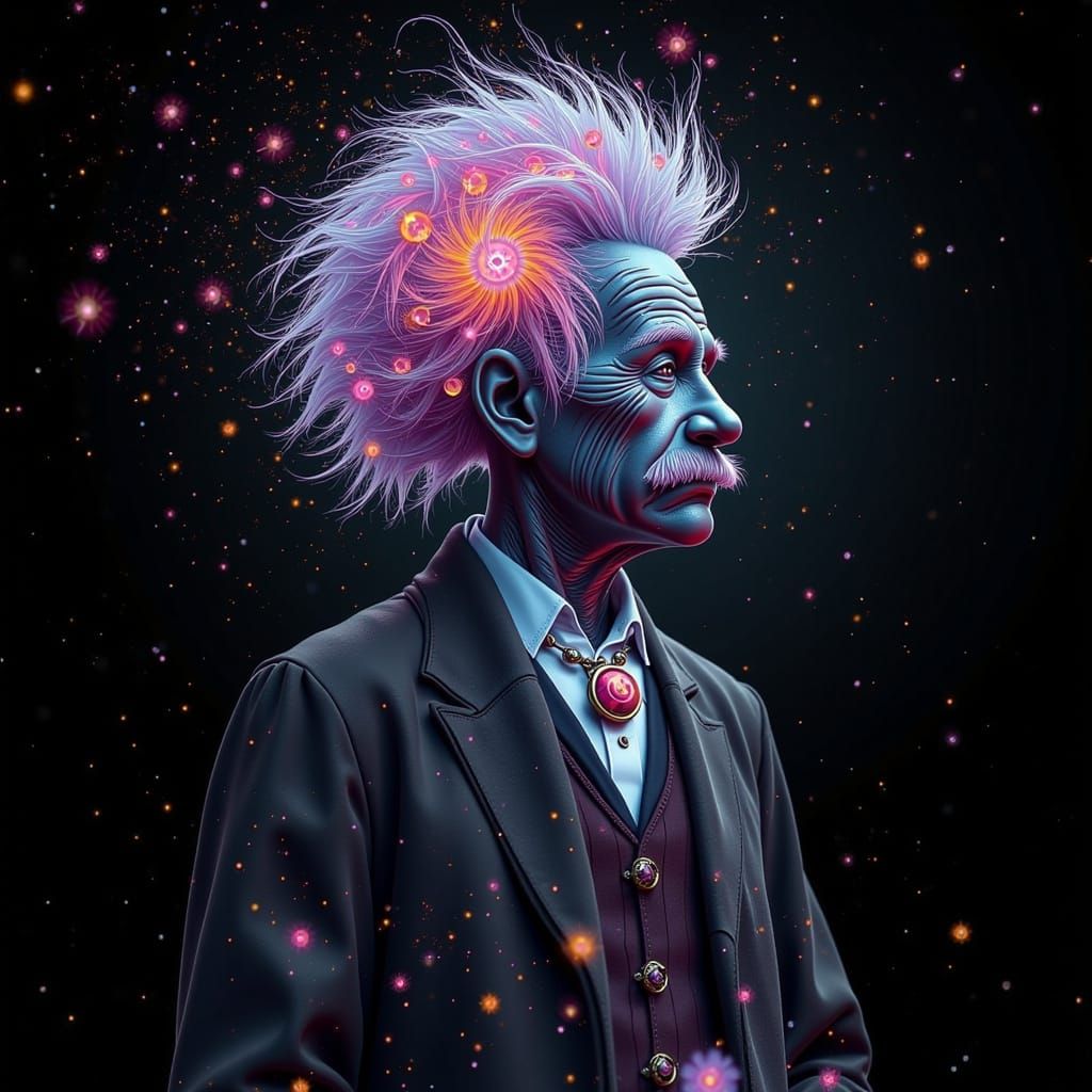 Einstein Portrait with Nebulae in Double Exposure Style