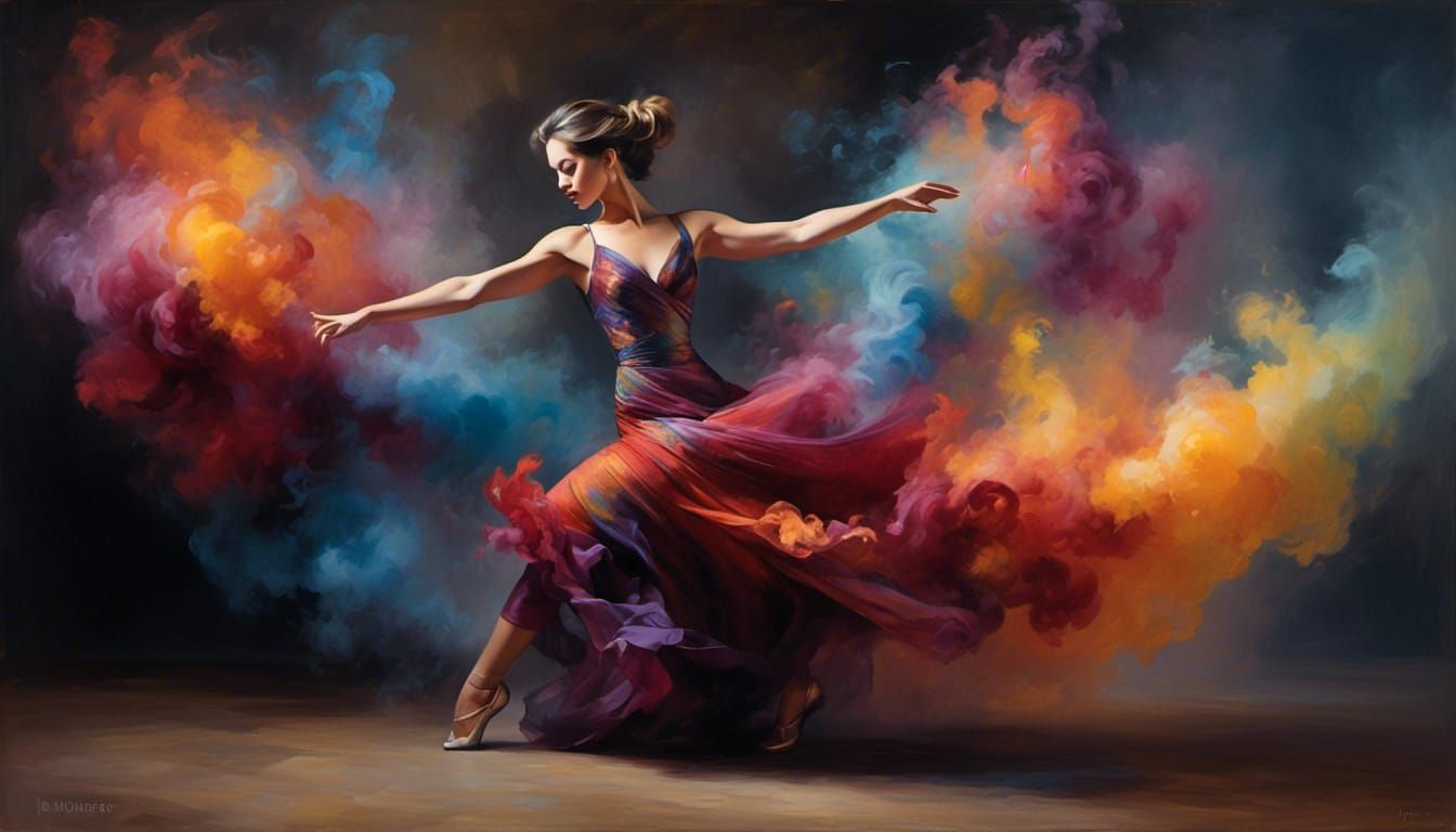 Ballerina Dancing in Colorful Smoke Whirlpool