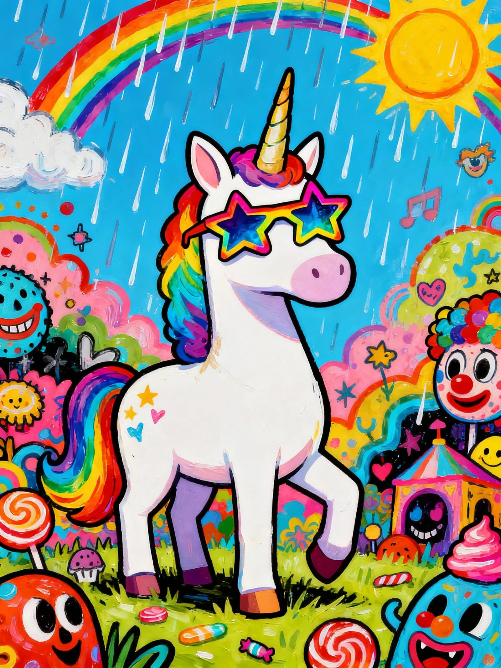 Unicorn in Rainbow Sunglasses Under Surreal Skies