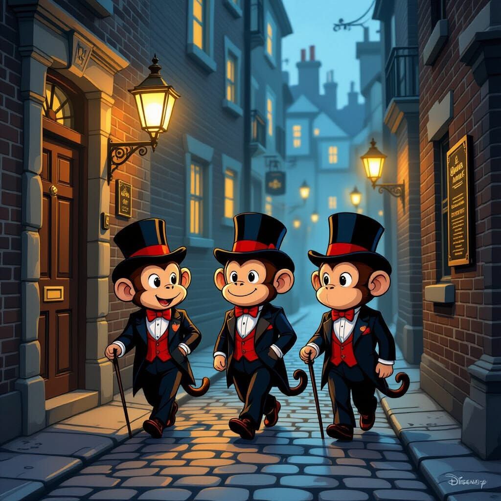 Cartoon Monkeys in 19th Century London Alleyway