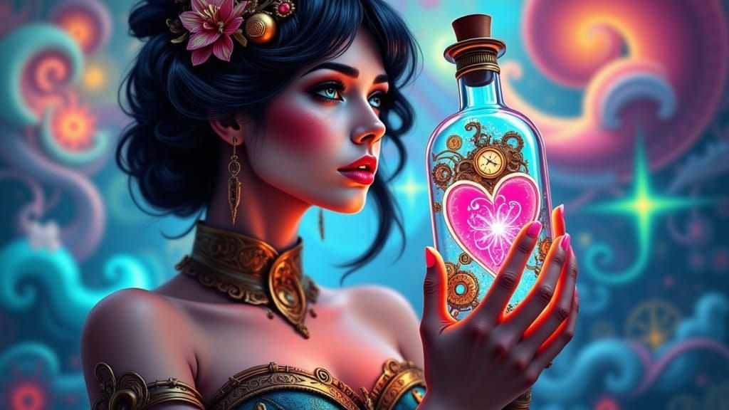 Steampunk Woman Contemplates Glowing Heart in Brass Bottle
