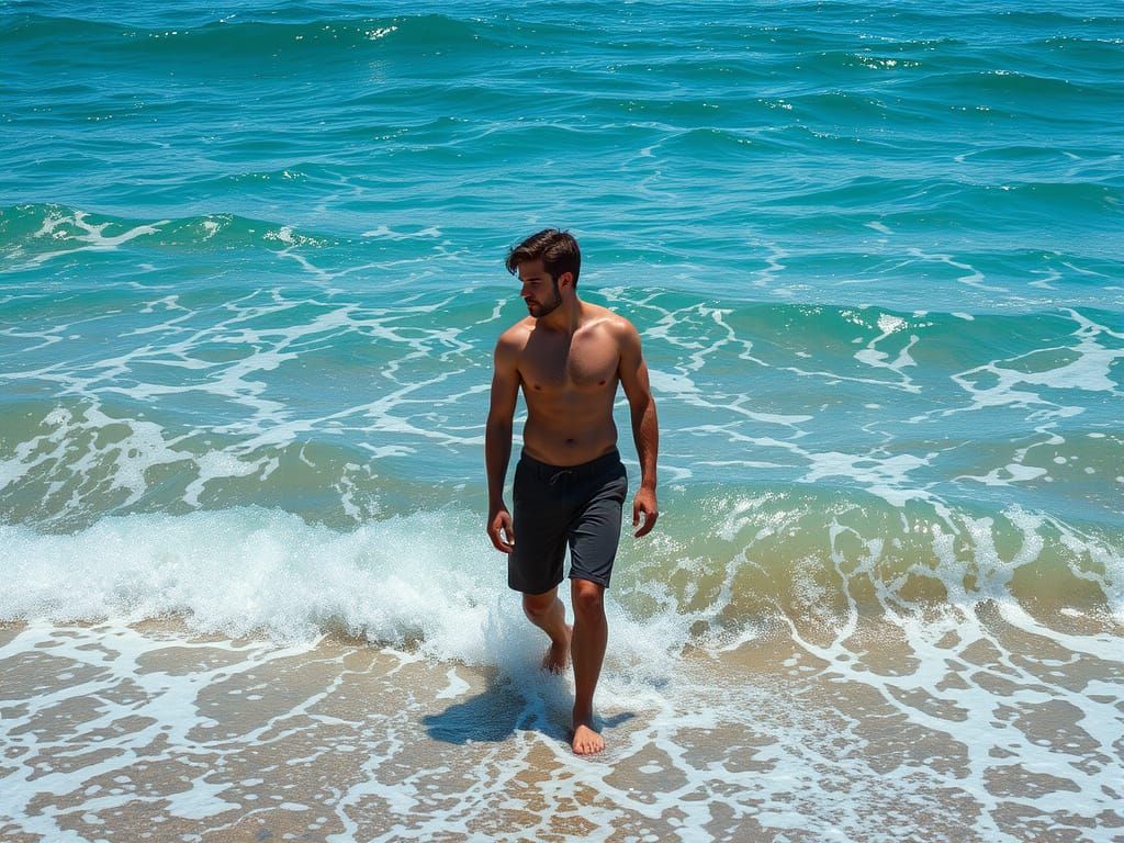 Hyperrealistic Man on Turquoise Sea Beach