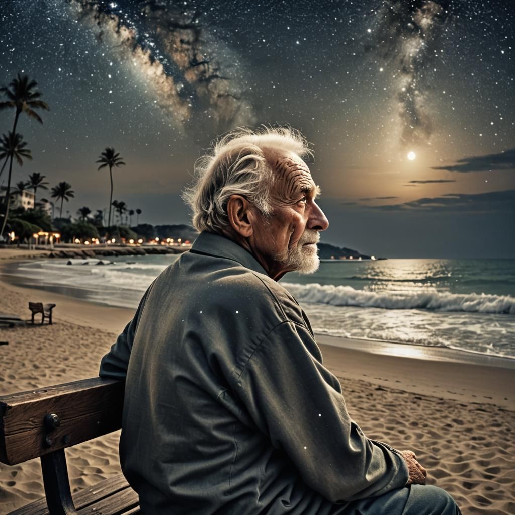 Old Man Stargazing: Hyperrealistic Beach Scene