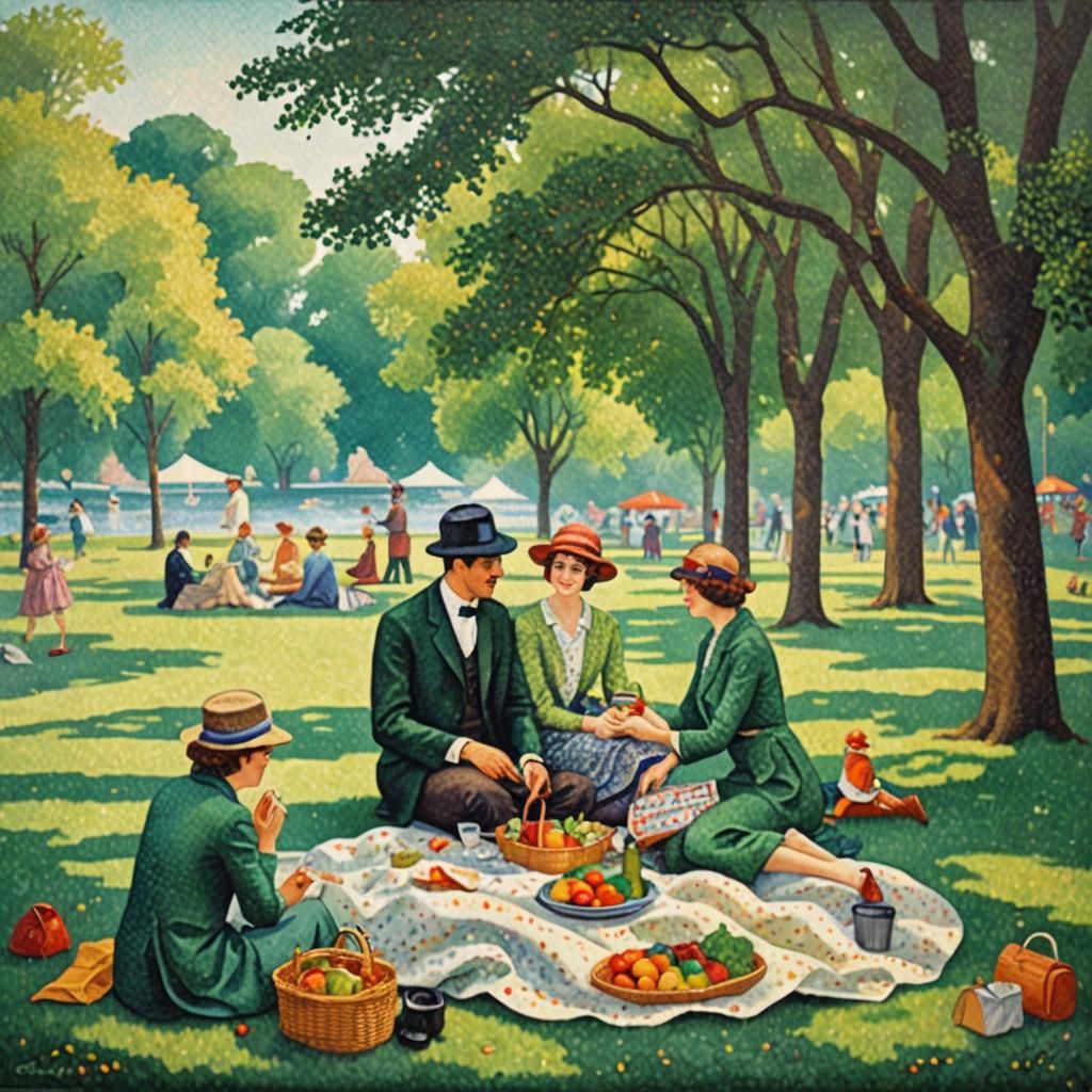 Pointillist Picnic in a Green Park, Seurat Style