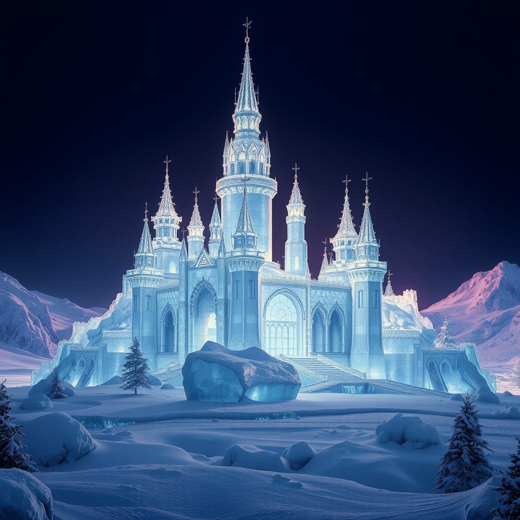 Majestic Crystal Ice Castle in Futuristic Winter Wonderland