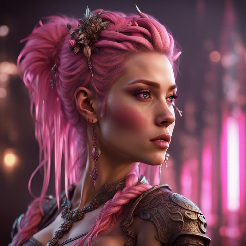 Woman with Pink Hair Streaks: Detailed Matte Painting