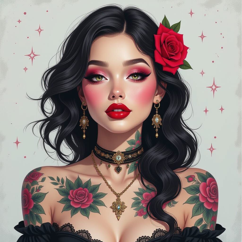 Gothic Tattooed Woman in Surreal Dreamscape