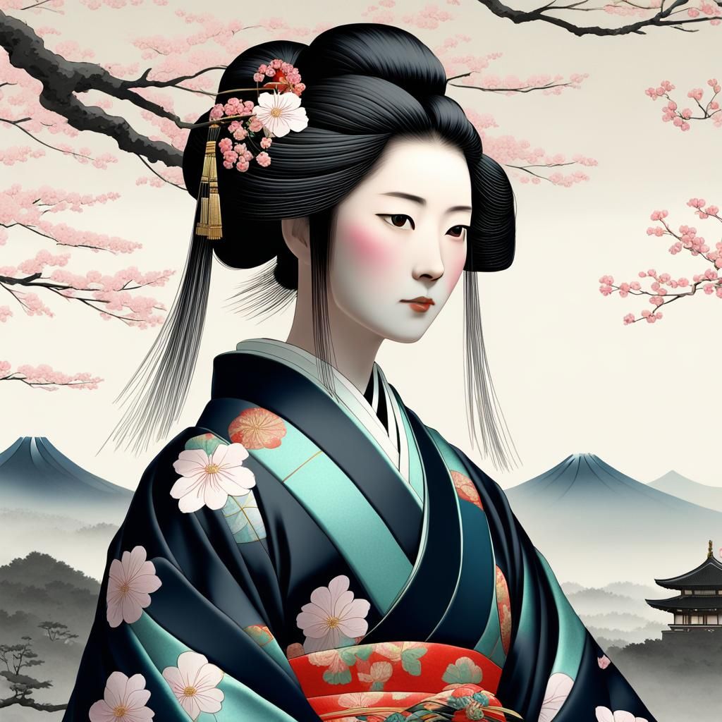 A noblewoman from the Heian period of Japan. She is contemplative while wearing a beautiful twelve-layered kimono. Her h...