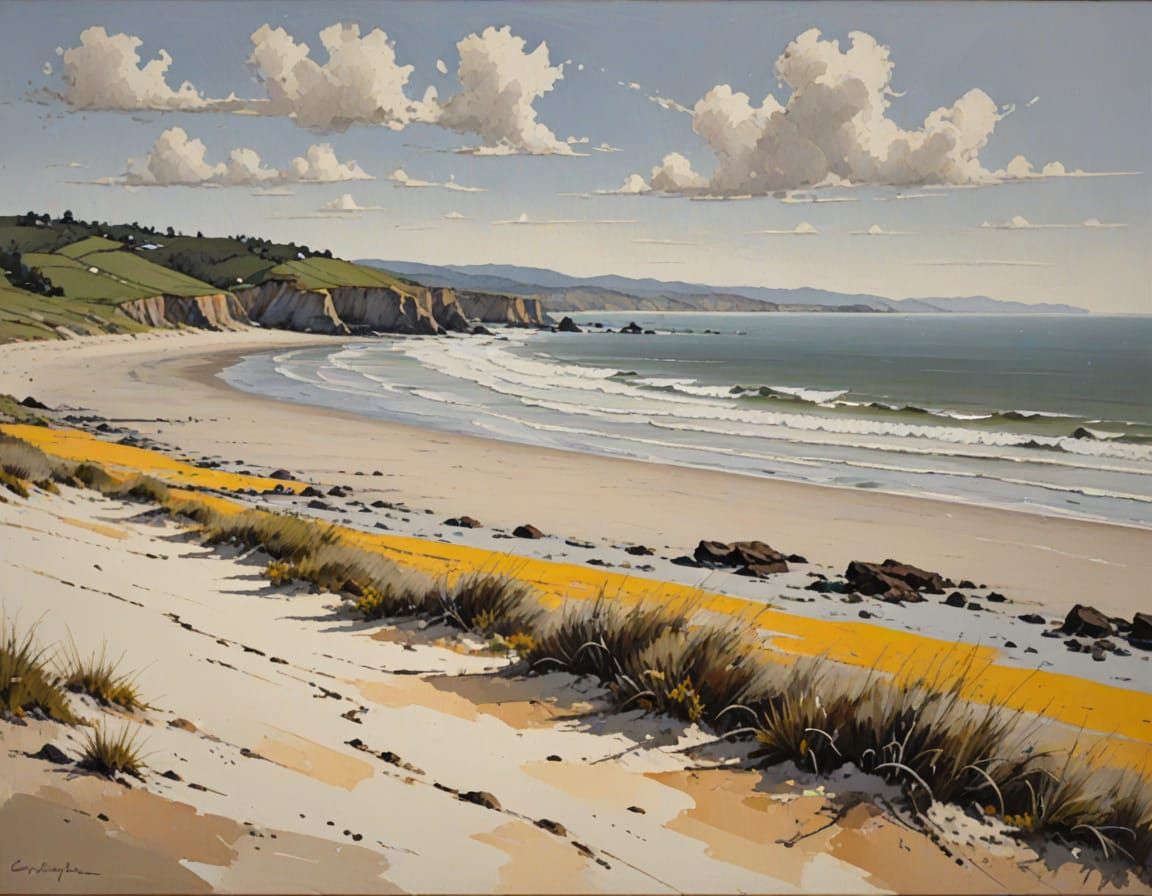 Vibrant Coastal Scene in Earthy Tones