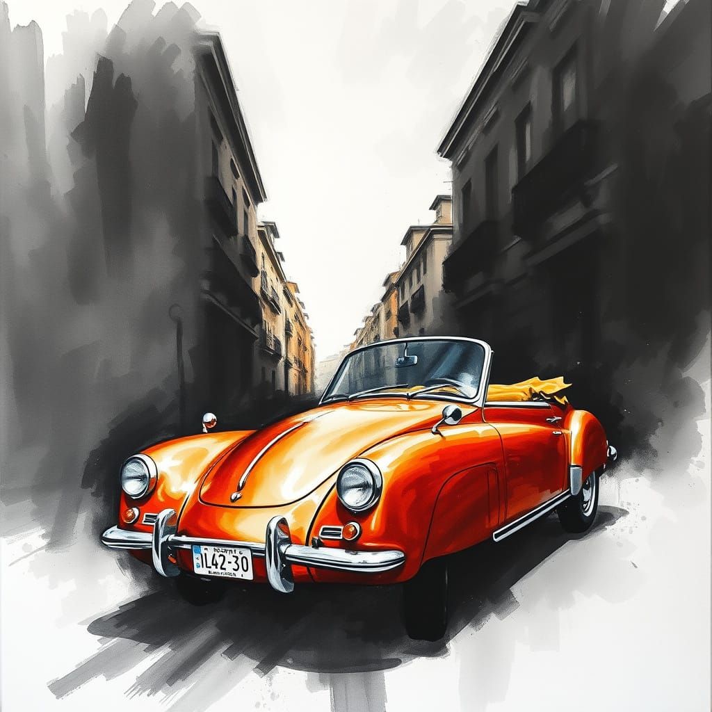 Hyperdetailed Car in Gouache Style Charcoal Drawing