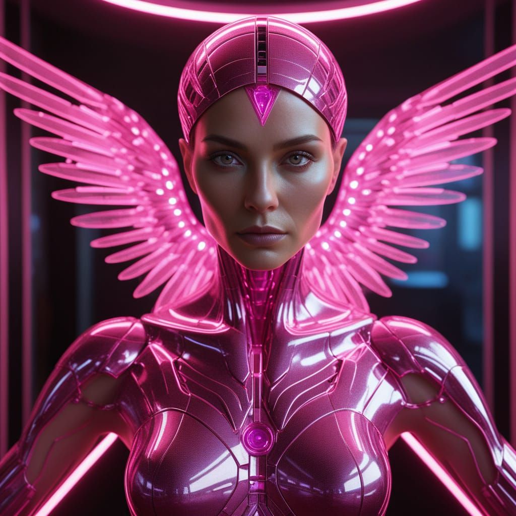 Cybernetic Angel in Neon Pink Light