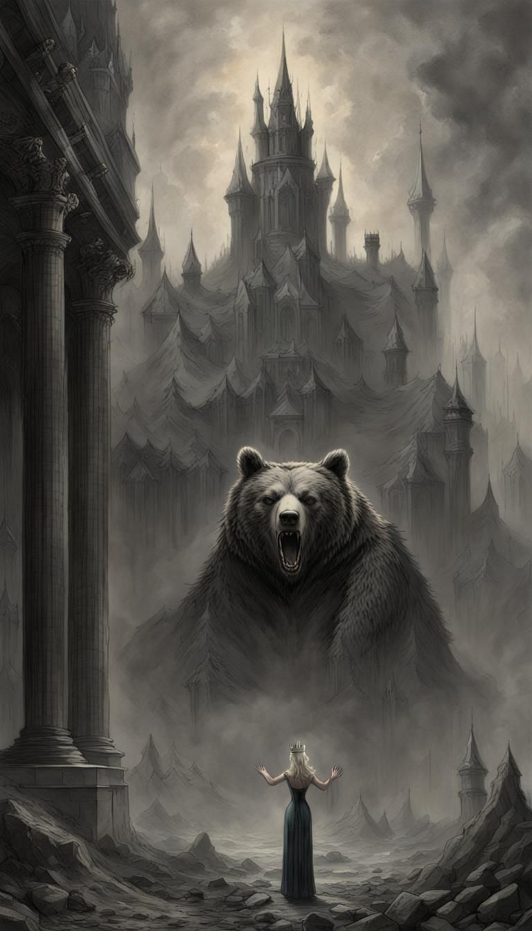 Crowned Woman with Bear Claws in Smoky Landscape