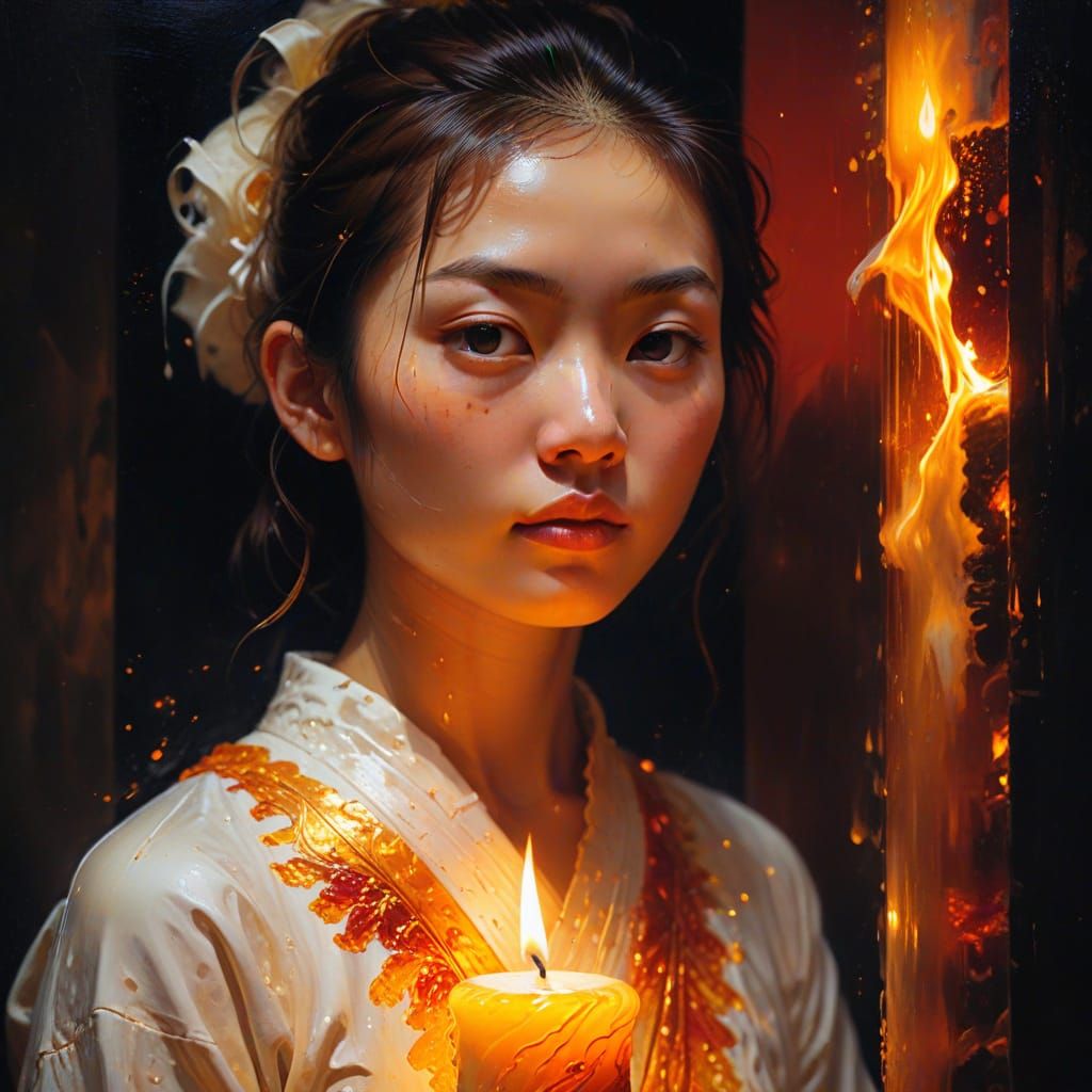 Burning Candle with Japanese Girl: Oil Painting Double Expos...