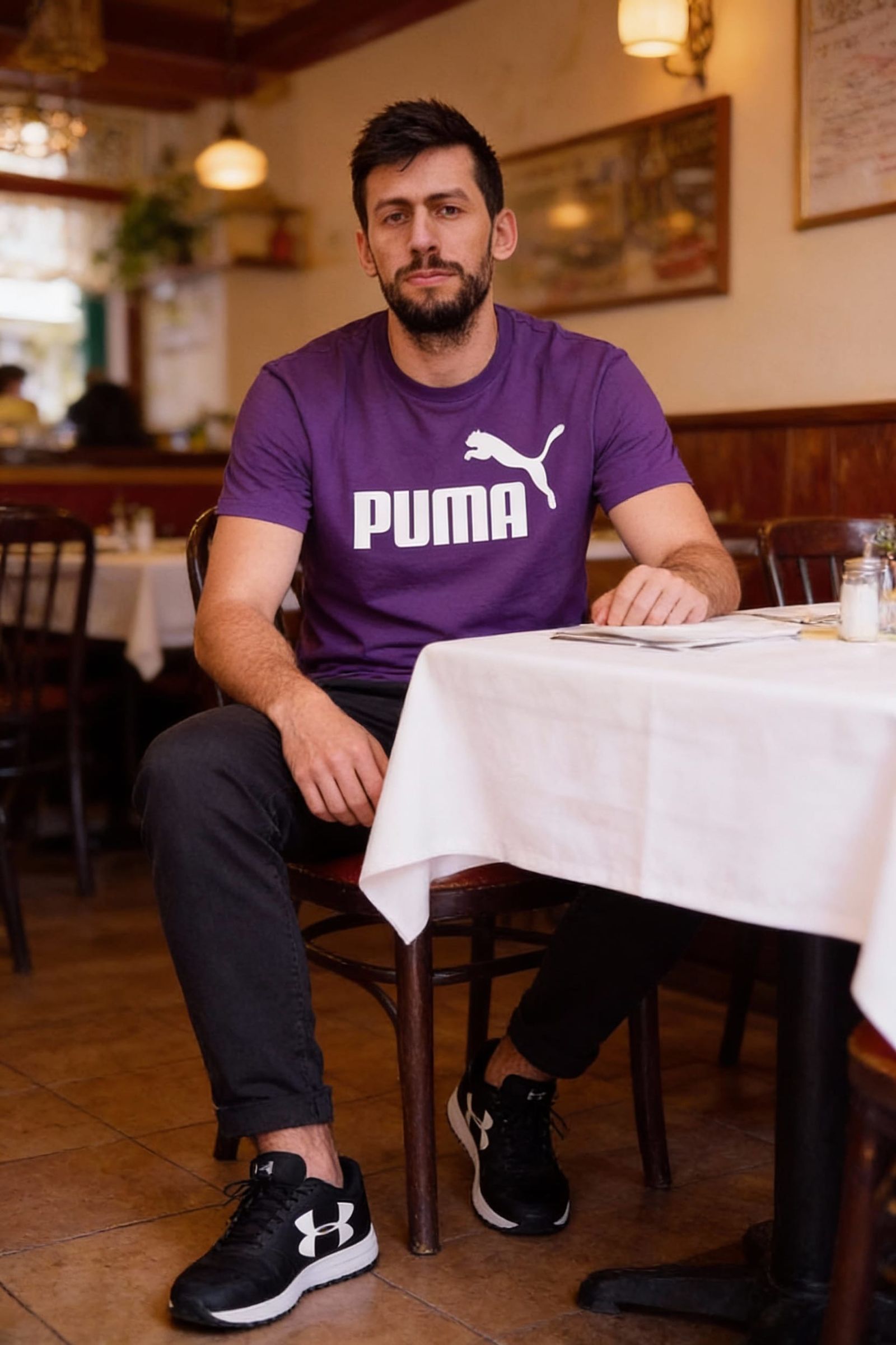 Confident Man in Romanian Restaurant, Photorealistic Style