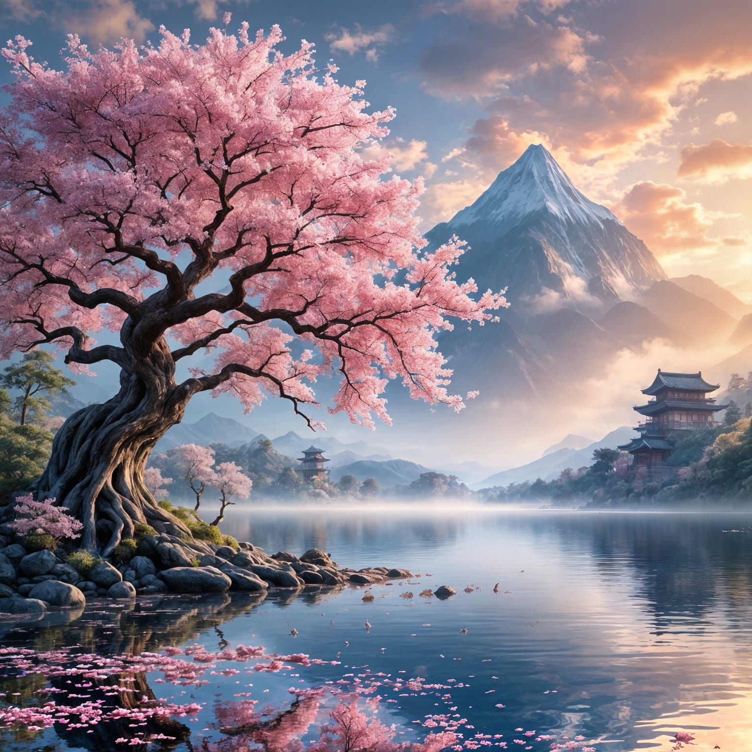 Sakura Tree by a Lake with Mountain View